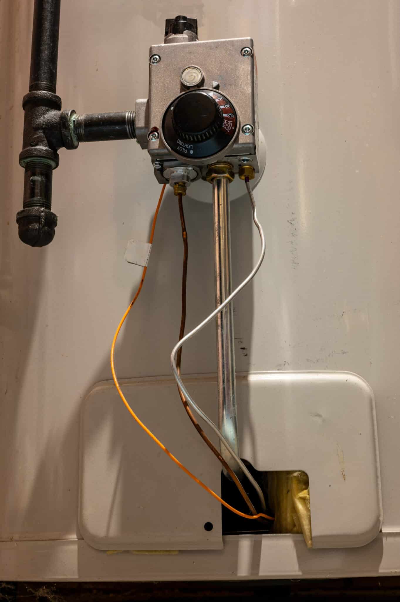 Hot water heater with base plate on and pilot out, No Hot Water.